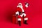 Full length photo of retired old man white beard sit giftbox hold dumbbells shocked easy workout wear x-mas santa