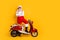 Full length photo of santa arrogant man standing self-confident near retro moped bike crossed arms wear trendy sun specs