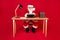 Full length photo of santa claus grey beard sit table work typewriter lamp book wear x-mas costume coat hat specs