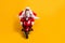 Full length photo of serious santa claus in red hat drive his modern motorbike ride north-pole for christmas x-mas