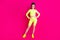 Full length photo of shiny beaming lady wear sport outfit hands arms waist isolated pink color background
