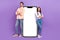 Full length photo of two attractive people crossed arms empty space big telephone  on violet color background