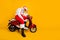 Full length photo of white hair aged man sitting vintage moped leaning head hand tired of delivery working day night