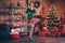 Full length photo of young positive woman elf christmas good mood winner celebrate enjoy indoors inside house home