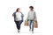 Full length portrait of an american african young man with grocery bags walking with a corpulent young woman