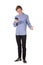 Full length portrait of angry adolescent boy using his mobile phone being frustrated and desperate isolated over white background