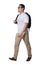 Full length portrait of Asian man wearing white shirt, khaki jeans and backpack standing walking, side view