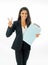 Full length portrait of Attractive latin corporate latin woman looking excited and holding folder and paperwork in Creative
