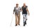 Full length portrait of a bald guy helping an elderly blind man with a stick