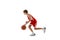 Full-length portrait of basketball player in motion, dribbling ball, training isolated over white studio background