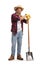 Full length portrait of a bearded farmer with standing and leaning on a shovel