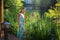 Full-length portrait of a beautiful girl near a lake with tall grass. Summer walk. Long floor vlate