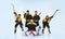 Full-length portrait of boys, children, professional hockeys player  over white background. Team game