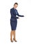 Full length portrait of business woman inviting