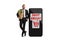 Full length portrait of a businessman with a grocery bag leaning on a smartphone with sign for online shopping