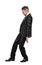 Full-length portrait of businessman setting against something