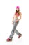 Full-length portrait of carefree girl in gray pants, pink top and hat jumping and dancing. Teen girl hip-hop dancer, over white