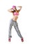 Full-length portrait of carefree girl in gray pants, pink top and hat jumping and dancing. Teen girl hip-hop dancer, over white