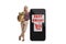 Full length portrait of a casual young woman with a grocery bag leaning on a smartphone with sign for online shopping