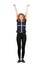 Full length portrait of a cheerful adolescent girl, curly hair, raising hands up. Celebrate success like a winner, freedom concept