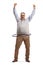 Full length portrait of a cheerful mature man spinning a hula hoop and lifting arms up