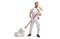 Full length portrait of a cheerful painter in a white uniform singing with a paint roller and a pile of buckets