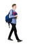 Full length portrait of confident student boy going to school holding two books and carrying his backpack. Cheerful teenager