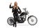 Full length portrait of a cool female biker with a chopper motorbike gesturing a rock and roll sign