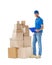 Full length portrait of courier fills paper near stack of parcel