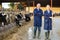 Full length portrait of elderly farmer with female worker in cowshed