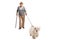 Full length portrait of an elderly man walking a maltese poodle dog