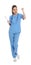 Full length portrait of emotional medical doctor with clipboard isolated