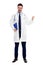 Full length portrait of emotional medical doctor with clipboard and stethoscope isolated