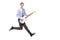 Full length portrait of energetic young male jumping with a guitar