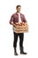 Full length portrait of a farmer holding a wooden crate full of fresh organic apples