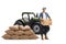 Full length portrait of a female farmer with a tractor and a pile of sacks carrying a crate