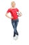 Full length portrait of a female football fan holding a ball
