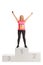 Full length portrait of a female marathon winner standing on a podium