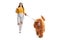 Full length portrait of a female student walking towards camera with a groomed red poodle dog