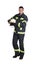 Full length portrait of firefighter in uniform with helmet