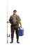 Full length portrait of a fisherman with a fishing rod and a portable fridge