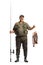 Full length portrait of a fisherman with a fishing rod and trouts on a hook