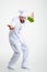 Full length portrait of a funny chef cook dancing