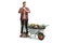 Full length portrait of a gardener with a shovel standing next to a wheelbarrow