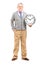 Full length portrait of a gentleman holding a wall clock