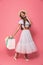 Full length portrait of glamour pretty woman wearing straw hat a