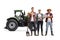 Full length portrait of group of young farmers with a tractor