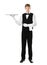 Full length portrait of handsome elegant waiter holding empty si