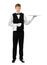 Full length portrait of handsome elegant waiter holding empty si