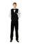 Full length portrait of handsome elegant waiter holding empty tr